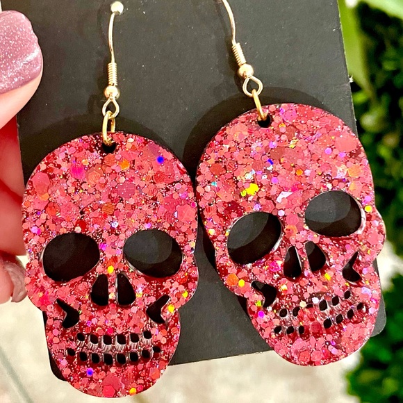 Pink Acrylic Skull Earrings - Picture 1 of 4